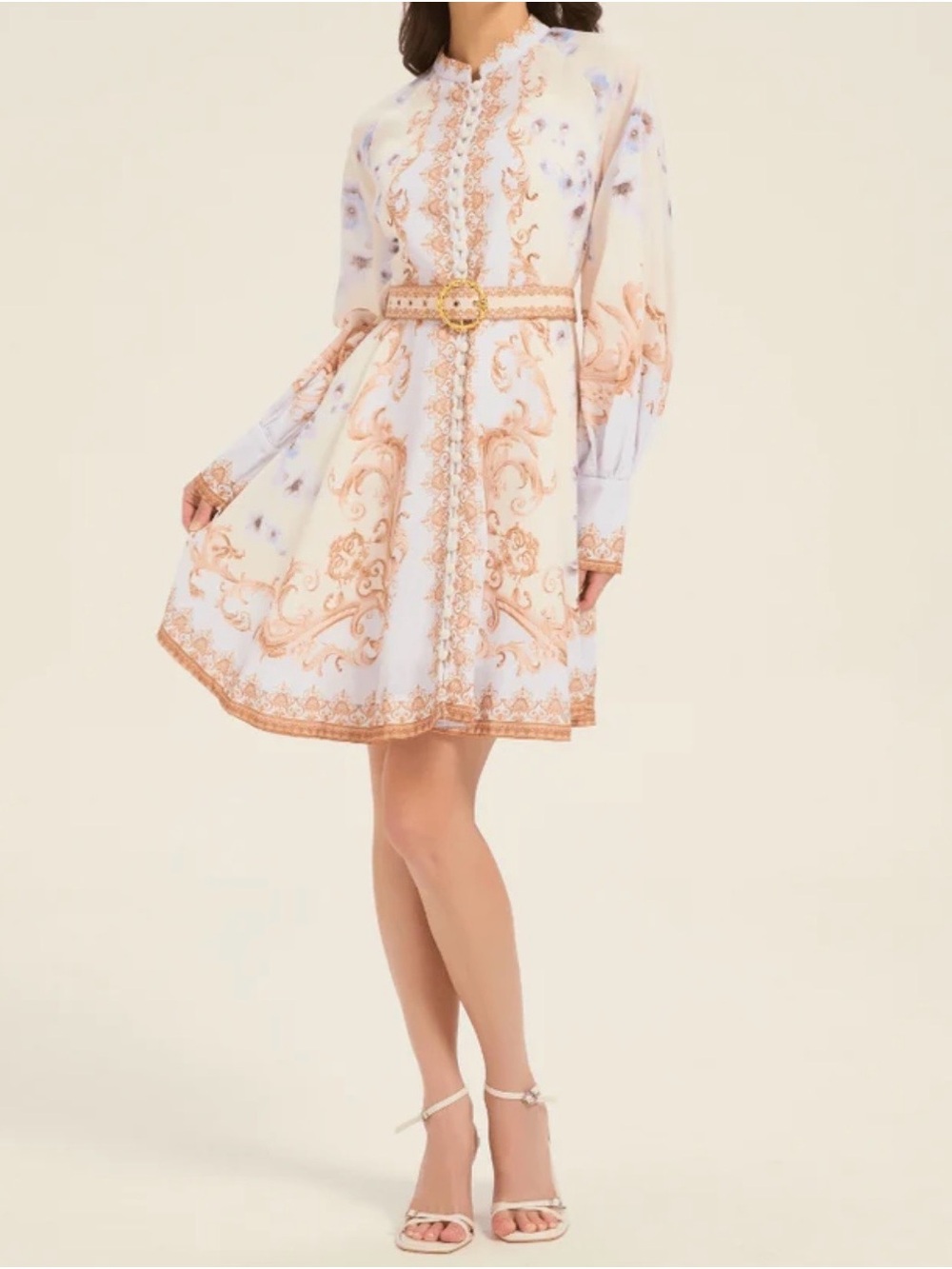 Zimmerman inspired Printed Long-Sleeve Dress in White and Peach